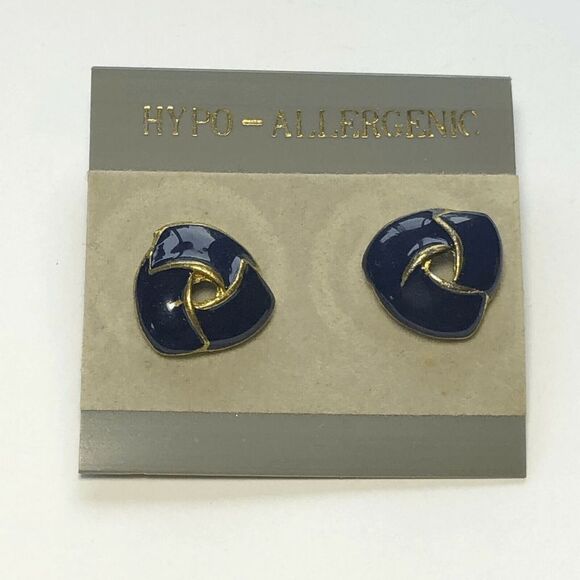 Vintage Gold & Blue Enamel Hypo-Allergenic Pierced Stud Earrings - Picture 3 of 3